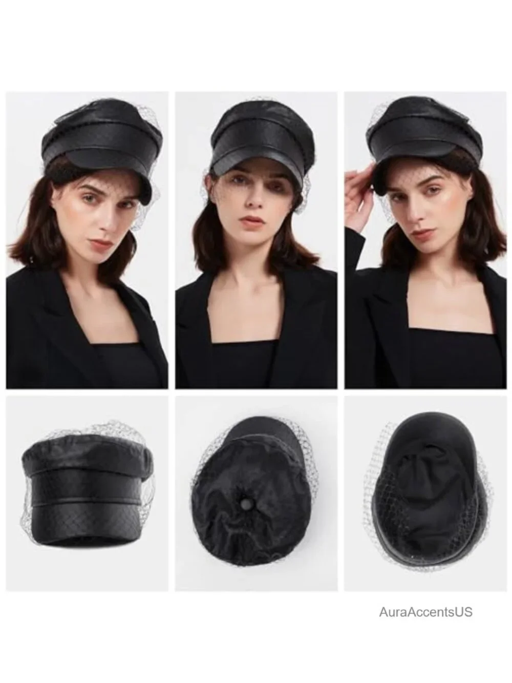 PU Leather Newsboy Cap with Veil Adjustable Fiddler Baker Boy Hat